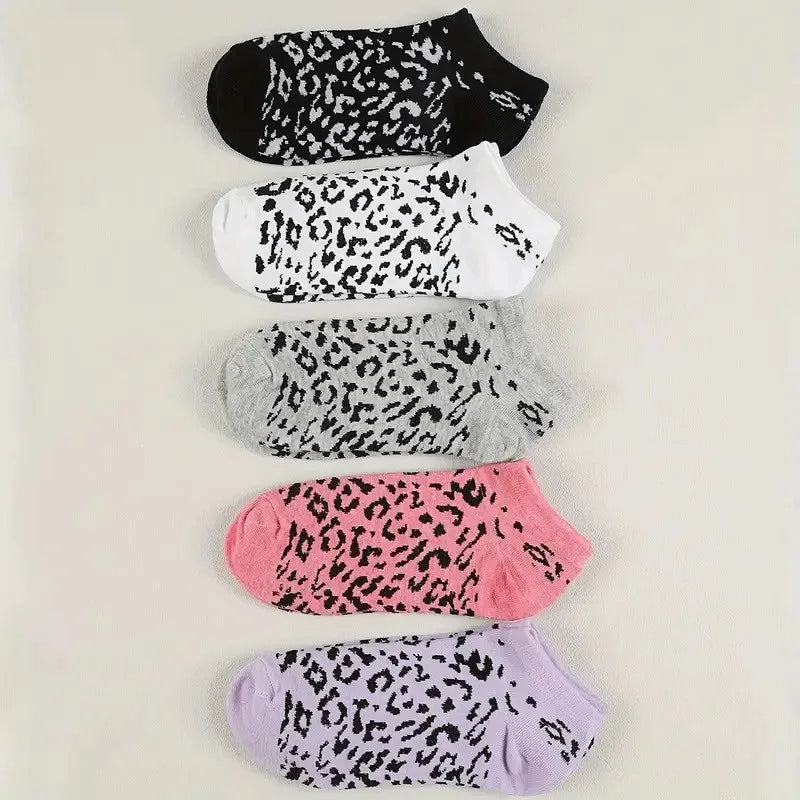 5/10 Pairs Women Leopard Print Socks Fashionable Print Summer Sweat Absorbing Breathable Soft Comfortable Casual Socks
