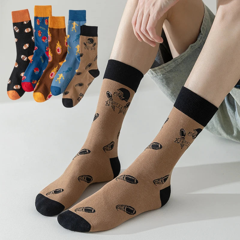 5 Pairs Men's Rugby Design Mid Tube Socks Comfortable Cotton Hip Hop Sports Streetwear Style Spring Funny Men's Footwear